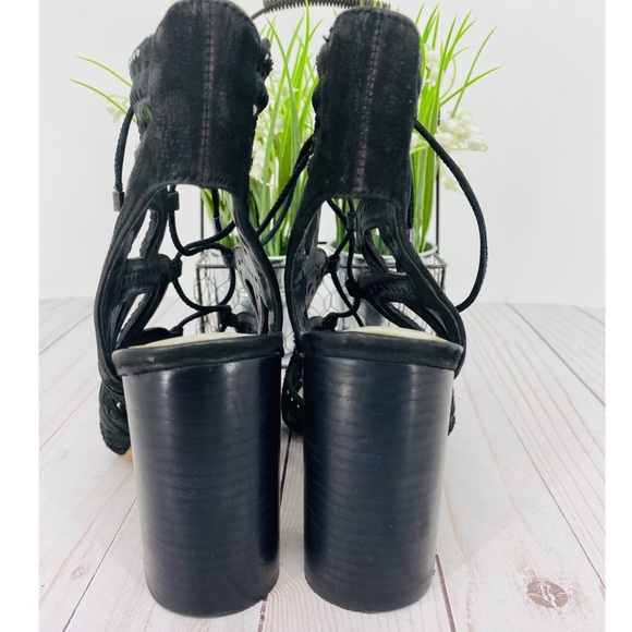 1. State Black Leather Cage Block Heel Lace Up Open Toe Studded Sandal Size 5.5 - Picture 6 of 8